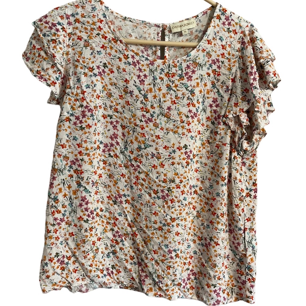 Cynthia Rowley Womens Short Ruffle Sleeve Blouse Size XL Pink Orange V Neck